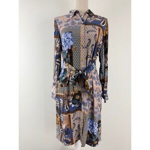 Talbots Mixed Patchwork Floral Button Front Midi Shirt Dress Blue Brown Size 6